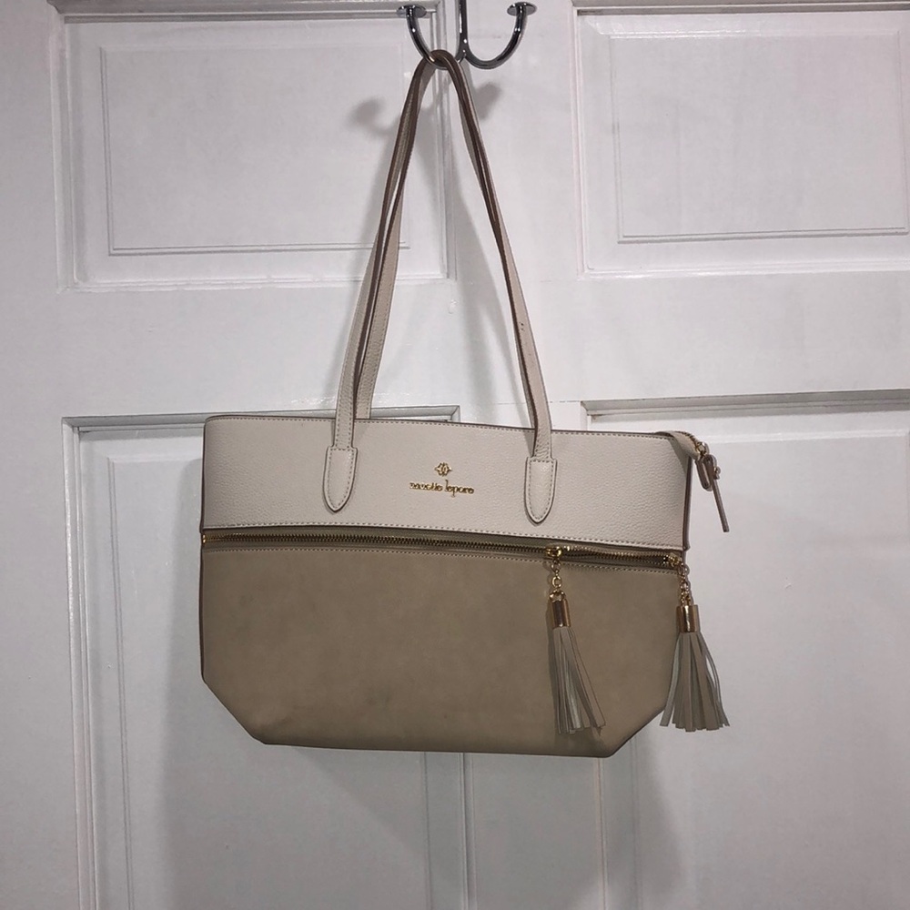 Nanette Lepore Cream and Tan Tote Bag with Color-Block Design